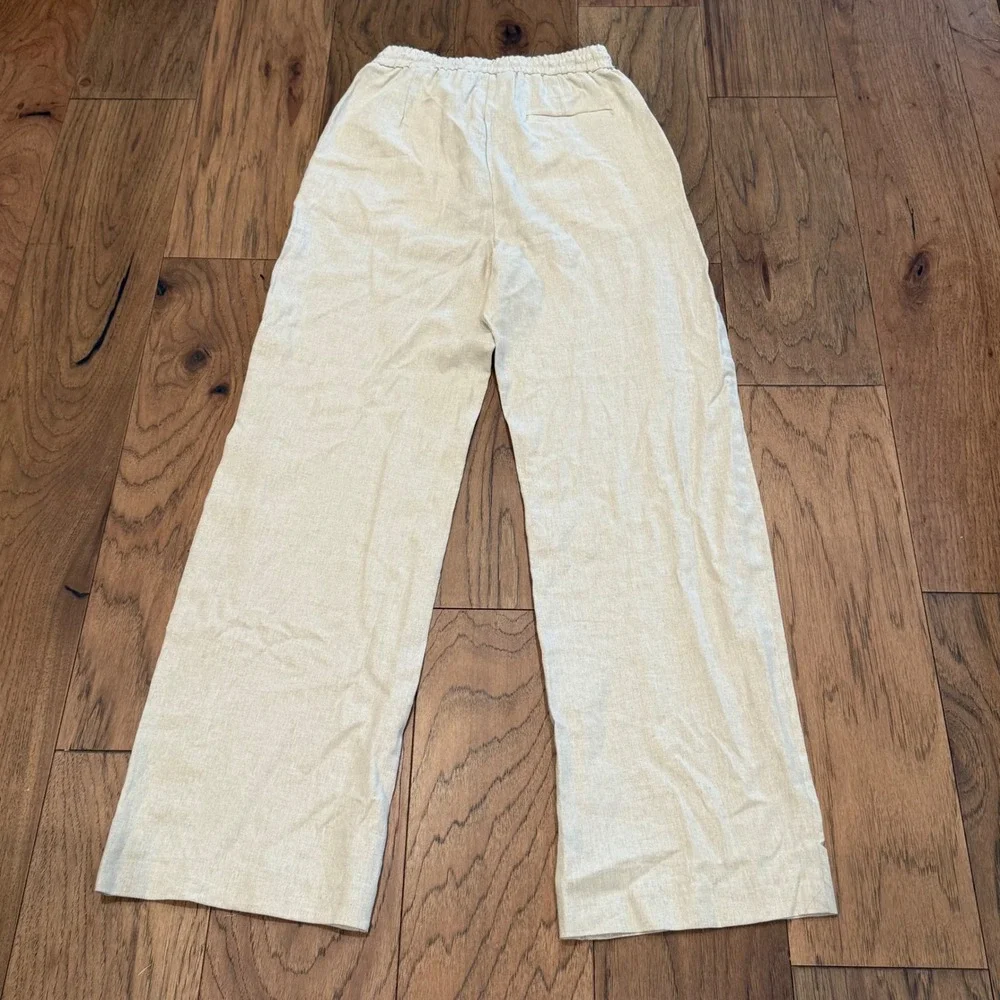 Zara Womens Linen Blend Wide Leg Drawstring Pants Oatmeal Beige XS New With Tags